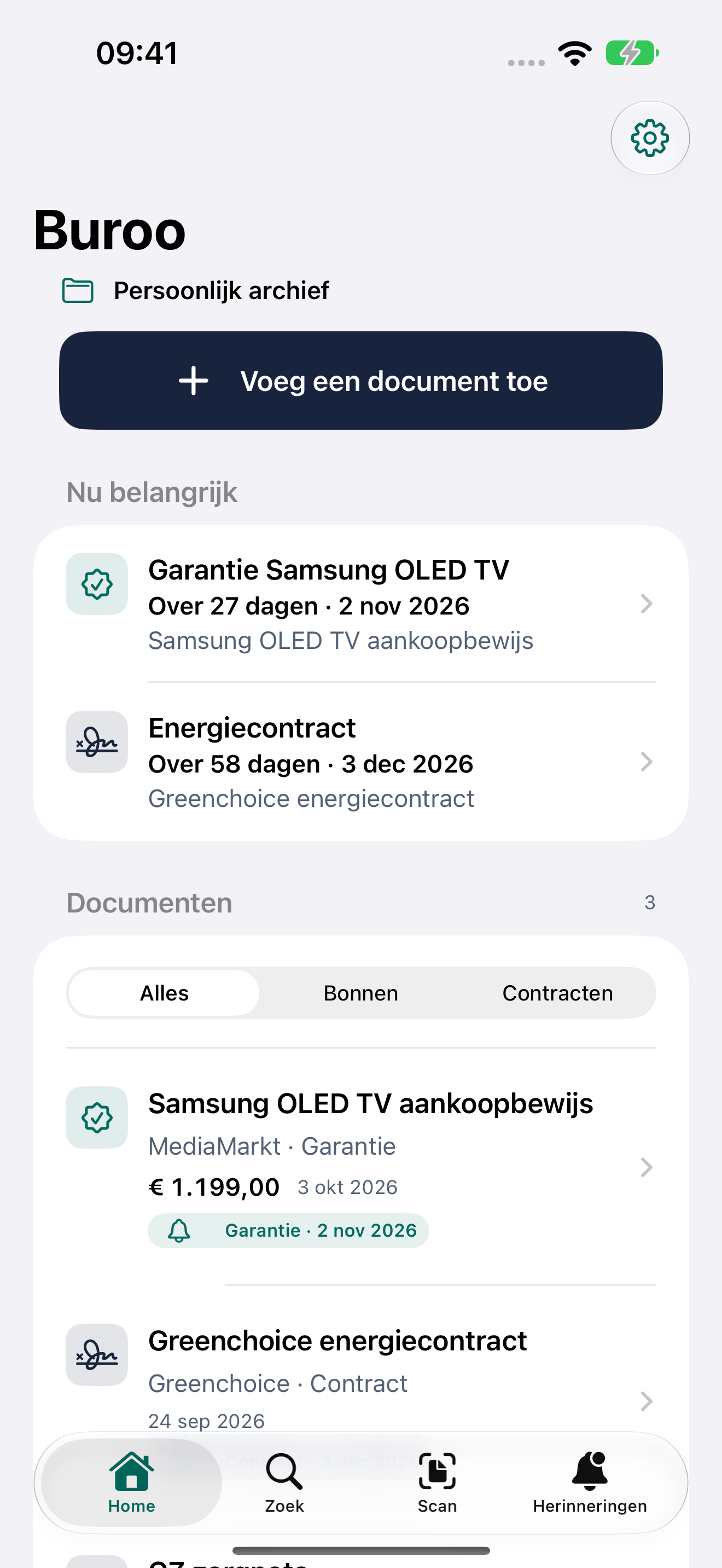 Het Buroo-overzicht op de iPhone: een garantie die over 27 dagen verloopt, een energiecontract en de documenten in het archief.